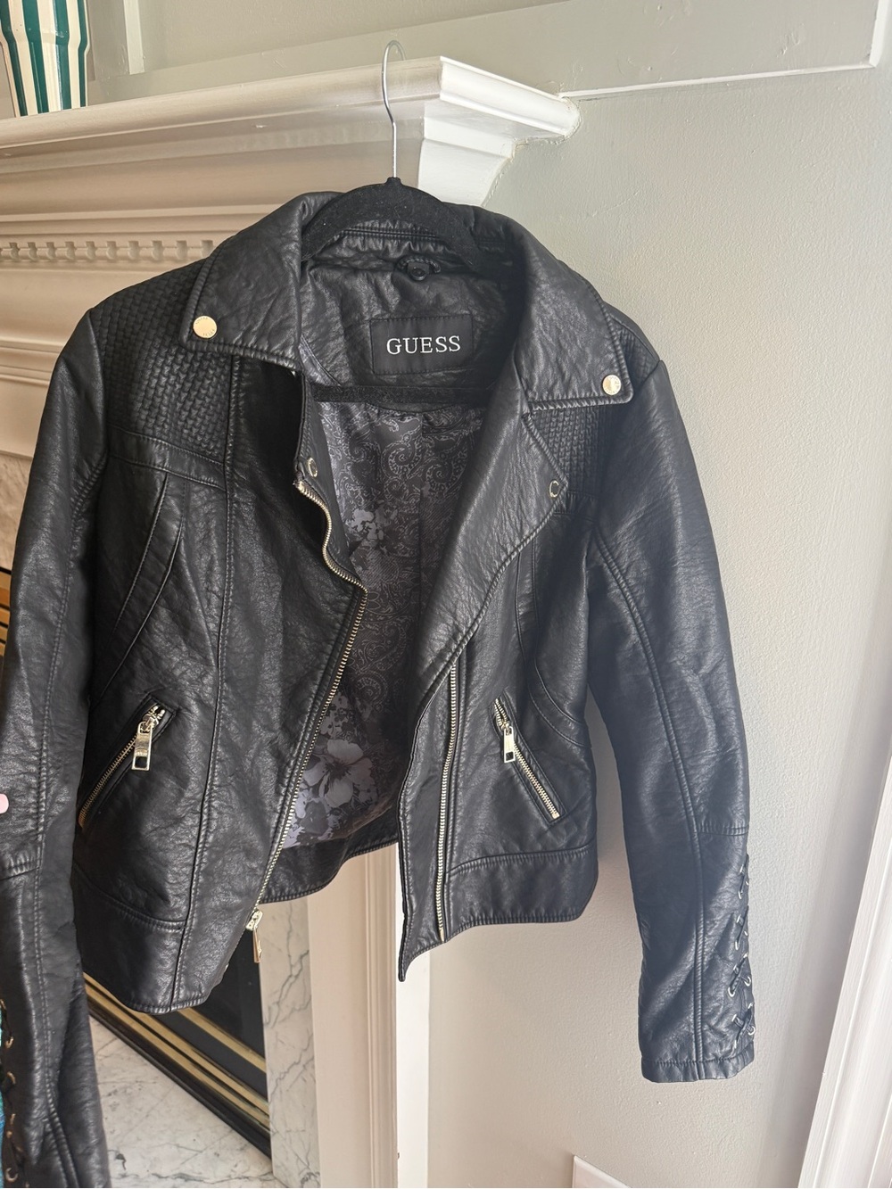 GUESS Black Faux Leather Moto Jacket with Quilted Panels